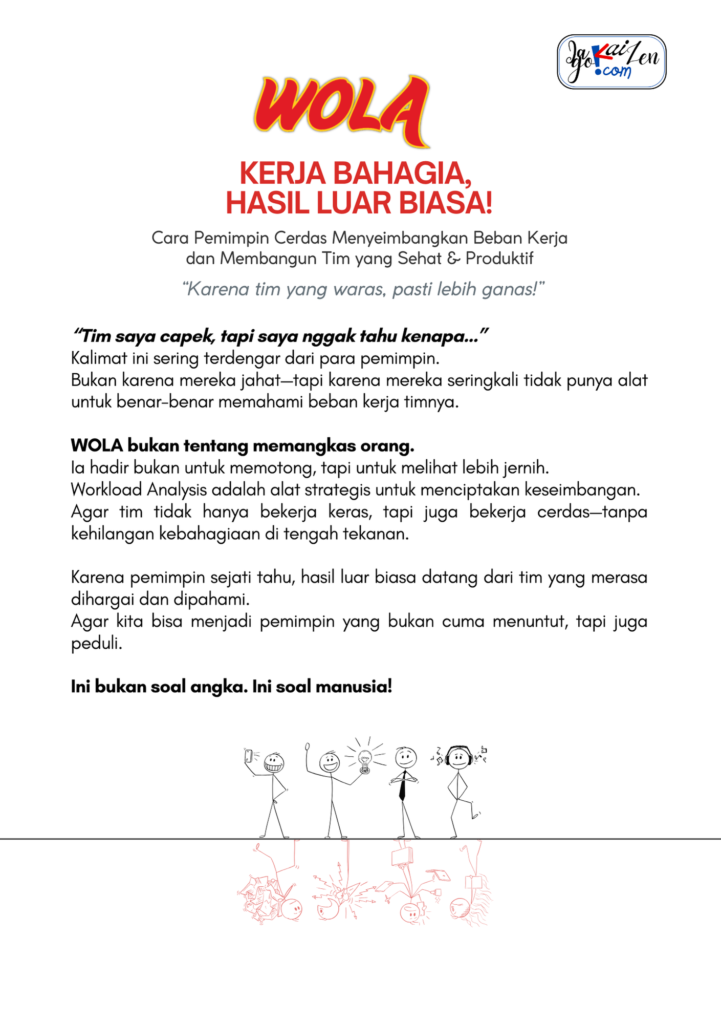 Cover buku WOLA karya Wawan Sukmoro tentang Workload Analysis dan kepemimpinan manusiawi di tempat kerja.