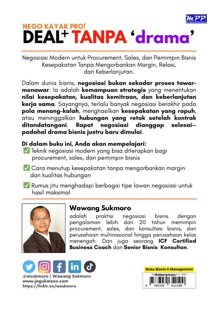 Cover ebook NEGO KAYAK PRO! DEAL+ TANPA drama karya Wawang Sukmoro tentang negosiasi modern untuk procurement, sales, dan pemimpin bisnis.