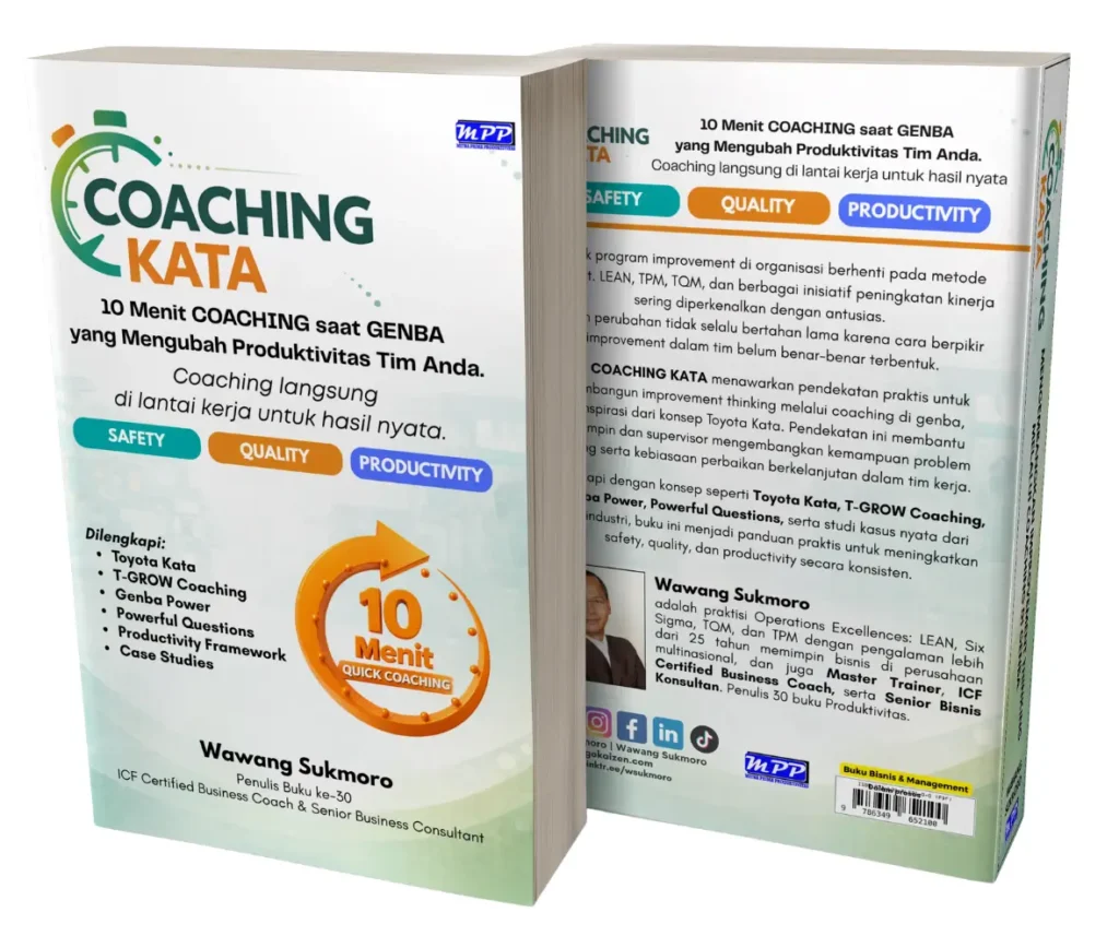 Cover belakang buku Coaching Kata tentang 10 menit coaching di genba untuk meningkatkan produktivitas tim dan kinerja kerja.