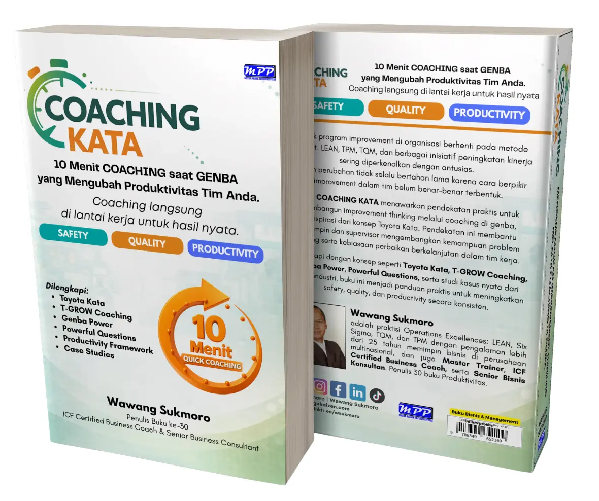 Cover belakang buku Coaching Kata tentang 10 menit coaching di genba untuk meningkatkan produktivitas tim dan kinerja kerja.