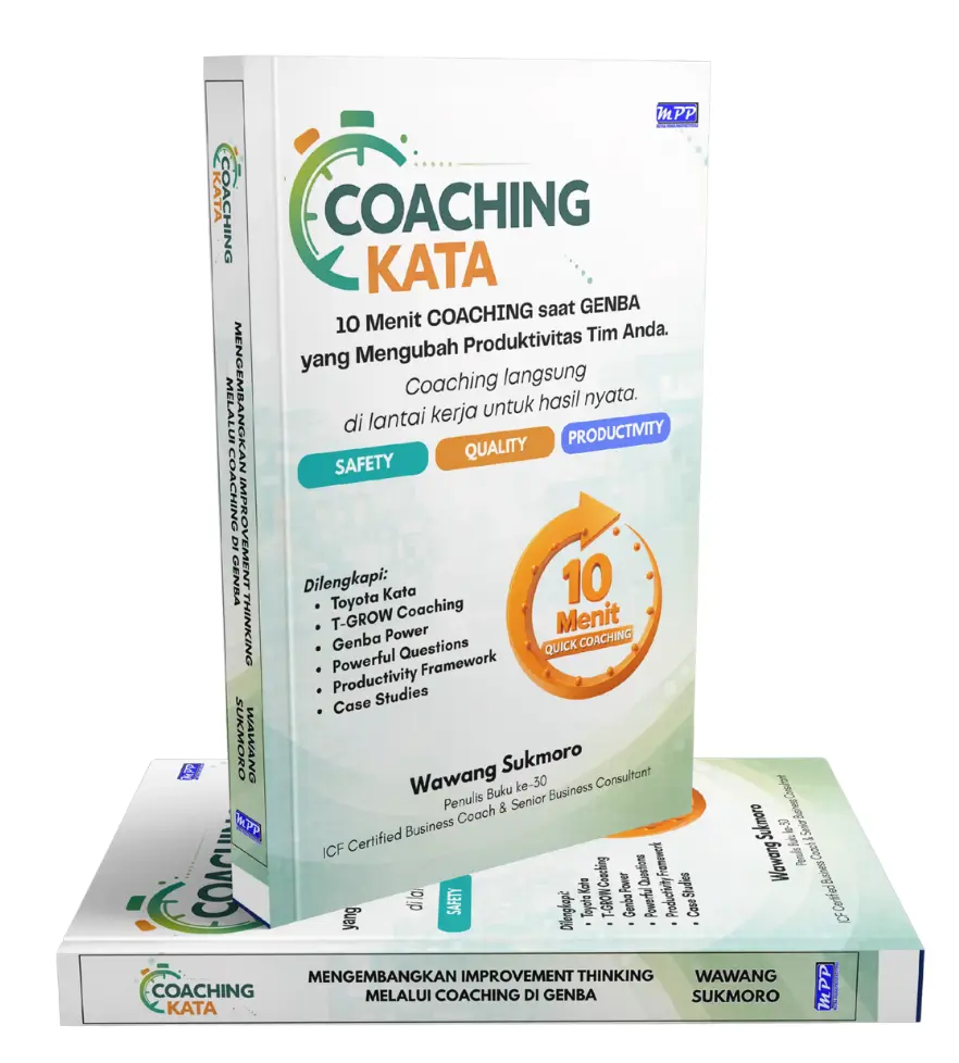 Cover belakang buku Coaching Kata tentang 10 menit coaching di genba untuk meningkatkan produktivitas tim dan kinerja kerja.