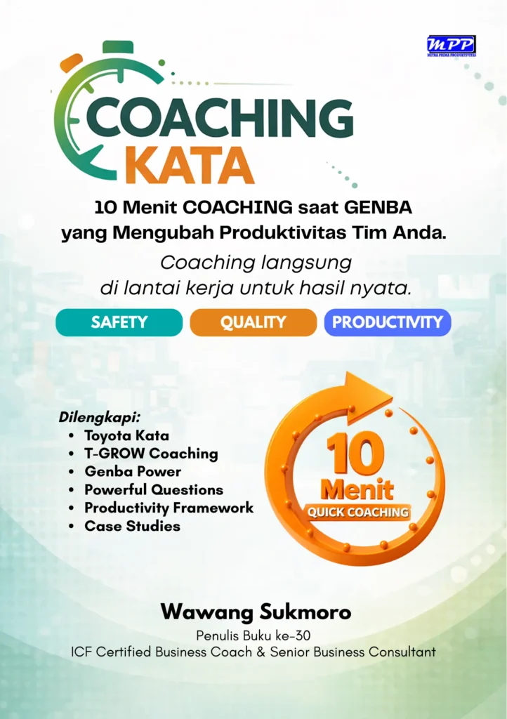 Cover belakang buku Coaching Kata tentang 10 menit coaching di genba untuk meningkatkan produktivitas tim dan kinerja kerja.
