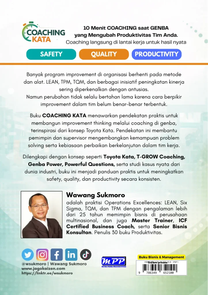 Cover belakang buku Coaching Kata tentang 10 menit coaching di genba untuk meningkatkan produktivitas tim dan kinerja kerja.