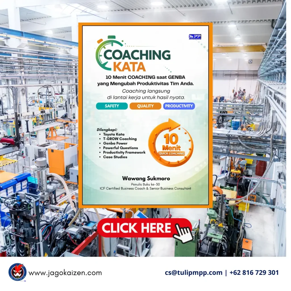 Cover belakang buku Coaching Kata tentang 10 menit coaching di genba untuk meningkatkan produktivitas tim dan kinerja kerja.
